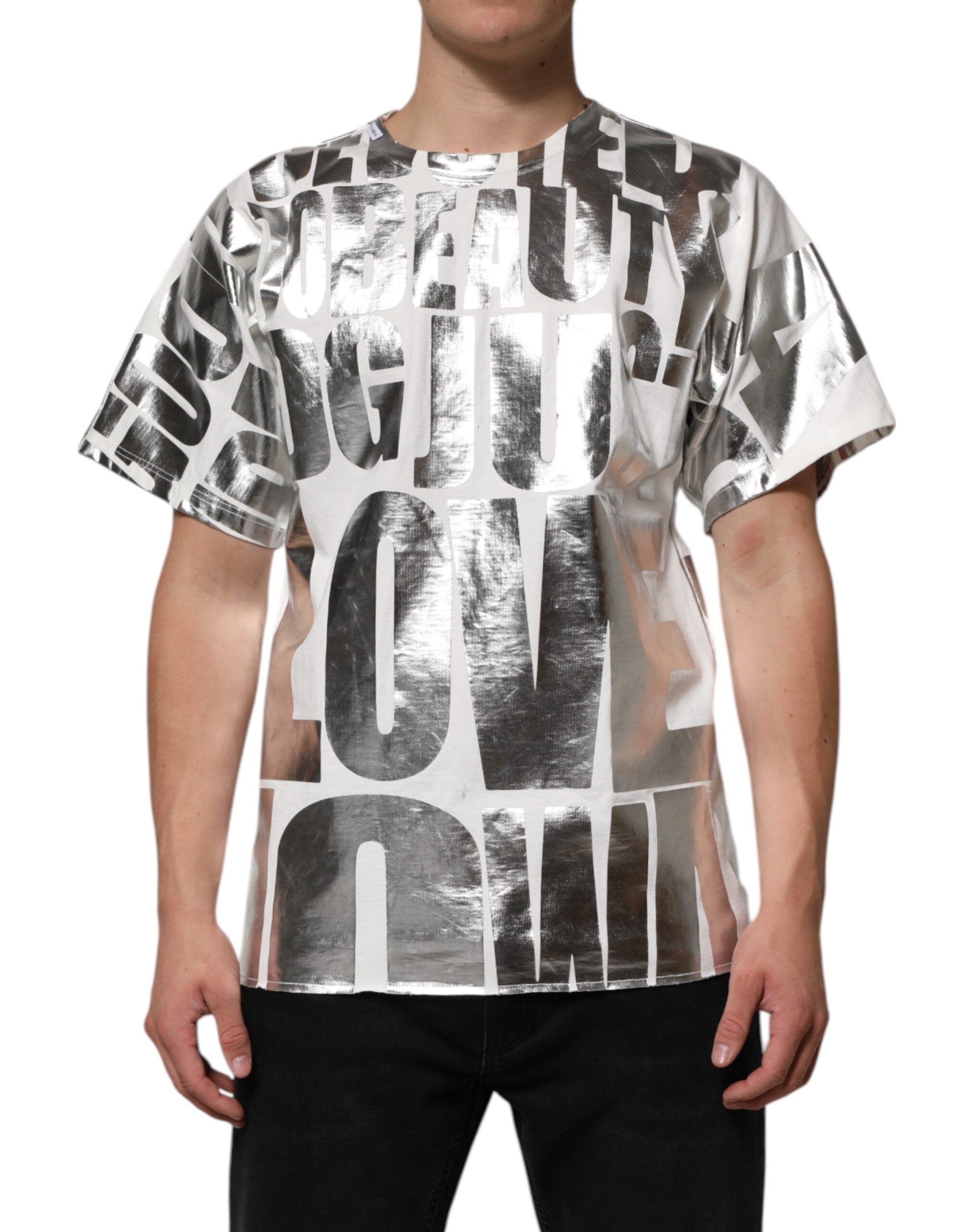 Dolce & Gabbana White metallic print cotton round neck T-shirt